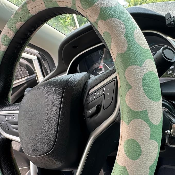 Vintage Groovy Flowers Car Leather Steering Wheel Cover - 15-inch Universal Microfiber- Soft & Breathable & Silicone Anti Slip Auto Steering Wheel Wrap for Women (Sage Green)