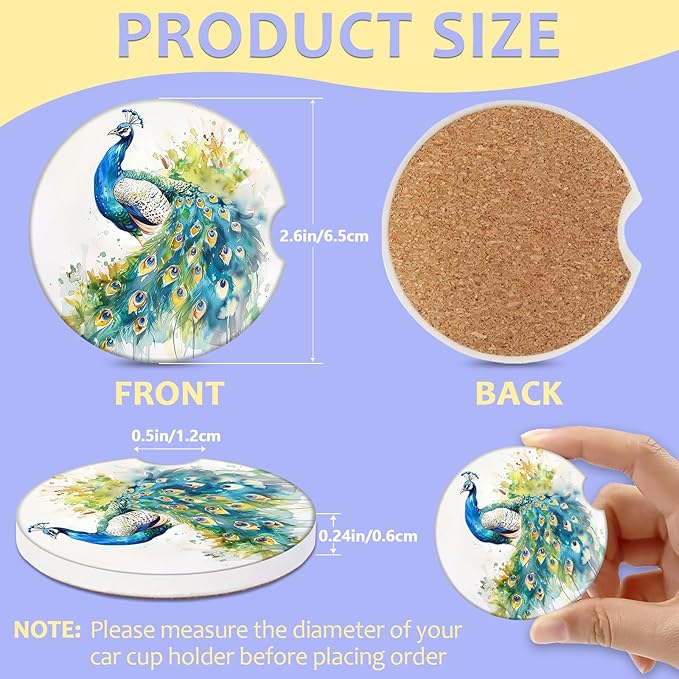 2 Pack Car Cup Holder Coaster-Peacocks Watercolor Absorbent Ceramic Coaster, Car Coasters for Cup Holders,Auto Accessories for Women & Men