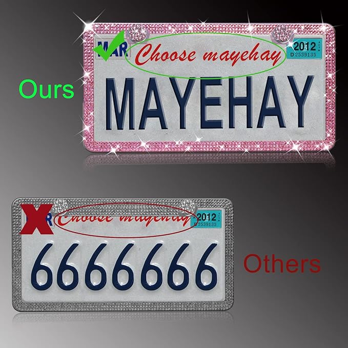 Pink License Plate Frame 2 Packs Bling License Plate Frame for Women Sparkly Diamond License Plate Frames Glitter Rhinestone License Plate Frame with Pink Tire Valve Caps with Giftbox