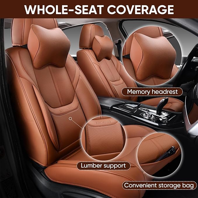 Auto Car Seat Covers Accessories Full Set Leather Cushion Protector Breathable Waterproof Seat Cover for Cars Universal Fit (Brown, Front Pair and Rear)