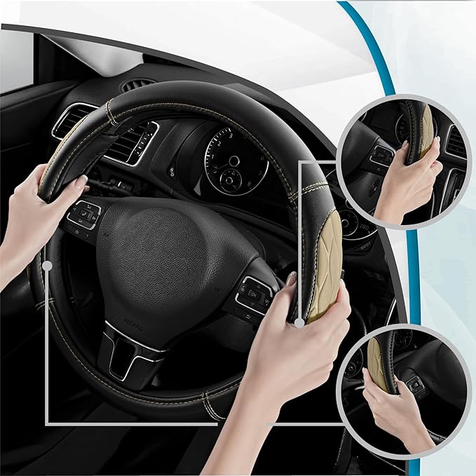 PIC AUTO Steering Wheel Cover, Beige Thick Rhombic Foam and Premium Leather, Universal 14.5-15.5 Inch Breathable Anti-Slip Steering Wheels Accessories for Men & Women