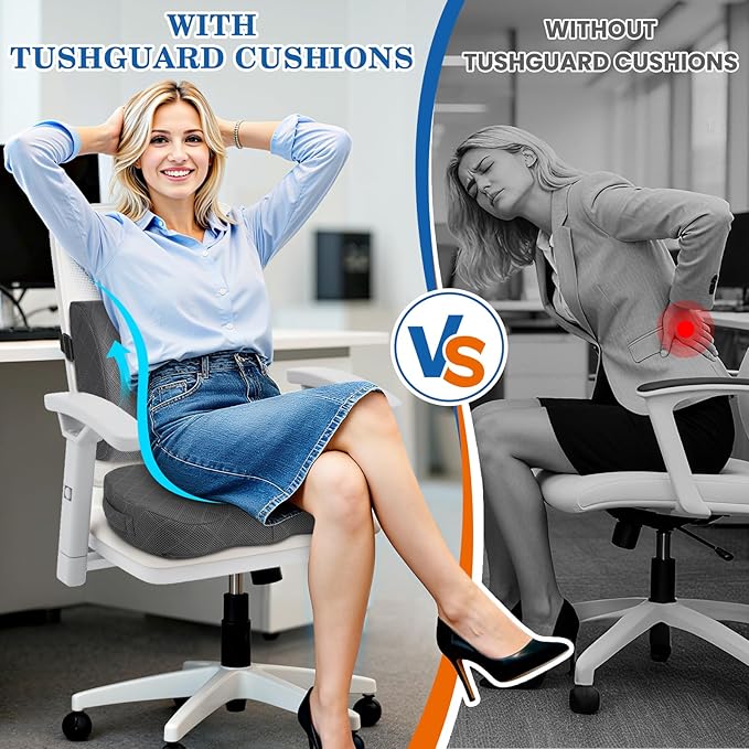 TushGuard Back&Seat Cushion, Car Seat Office Chair Cushions, Memory Foam Lumbar Back Support Pillow, Portable Airplane Seat Cushion for Travel, Computer Desk, Wheelchair, Driving (Grey, X-Large)