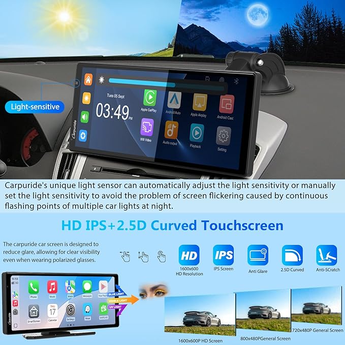 CARPURIDE W903S Wireless Carplay & Android Auto Screen with 3 Channel Dash Cam, 4K Front &1080P Rear, 1080P Infrared Cabin Camera for Cars with 64GB Card, Loop Recording, Bluetooth