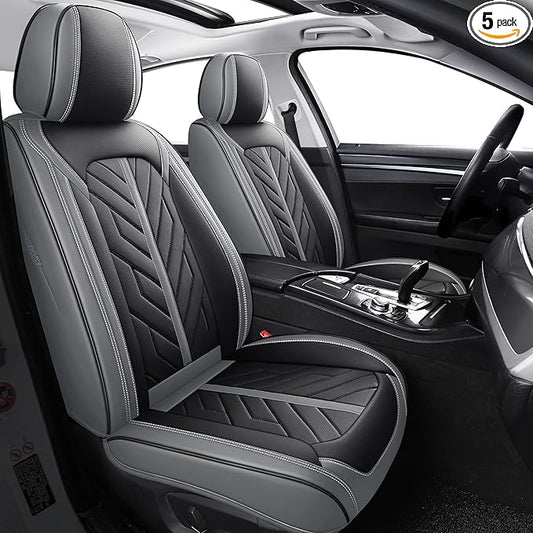 Tomatoman Car Seat Covers Full Set,Universal Automotive Leather Vehicle Cushion Full Coverage Protectors Fit for Most Sedans SUV Pick-up Truck(Full Set/Black-Grey)