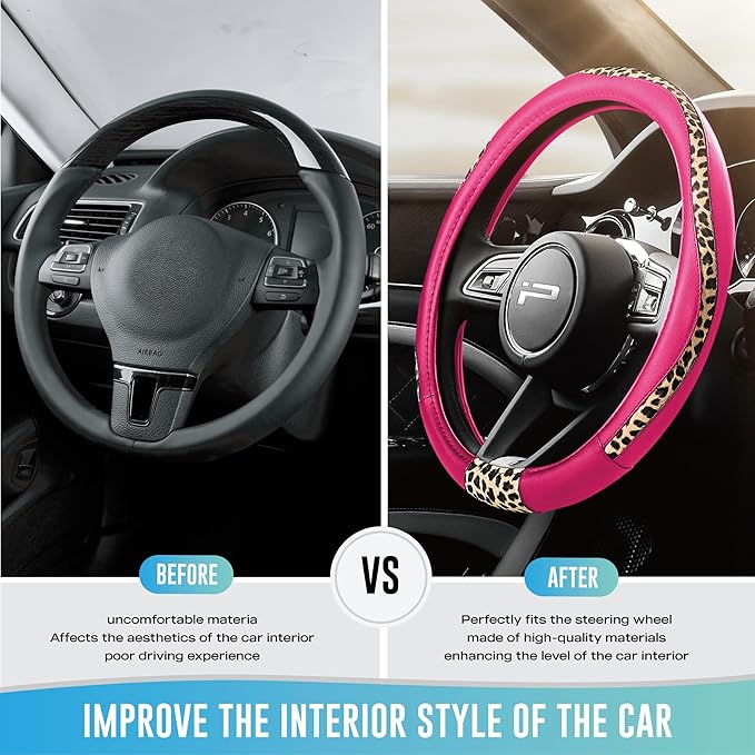 Road Comforts Steering Wheel Cover - Made with PVC Leather and Leopard Fabric - Universal 14 1/2 inches to 15 inches for Most Automotive Steering Wheel - Cheetah Print -Hot Pink