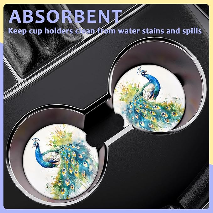 2 Pack Car Cup Holder Coaster-Peacocks Watercolor Absorbent Ceramic Coaster, Car Coasters for Cup Holders,Auto Accessories for Women & Men