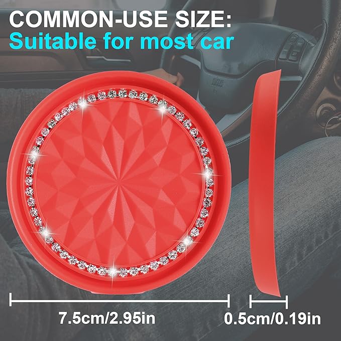 Amooca Car Cup Coaster 4 Pack Universal Non-Slip Cup Holders Insert Coasters Bling Crystal Rhinestone Car Interior Accessories Red Flower