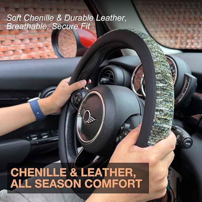 PINCTROT Chenille Leather Steering Wheel Cover, Soft Mottled Colors, Sweat-Proof, Non-Slip Grip, All-Season Comfort, Universal 14.5-15 Inch(Mottled Green)