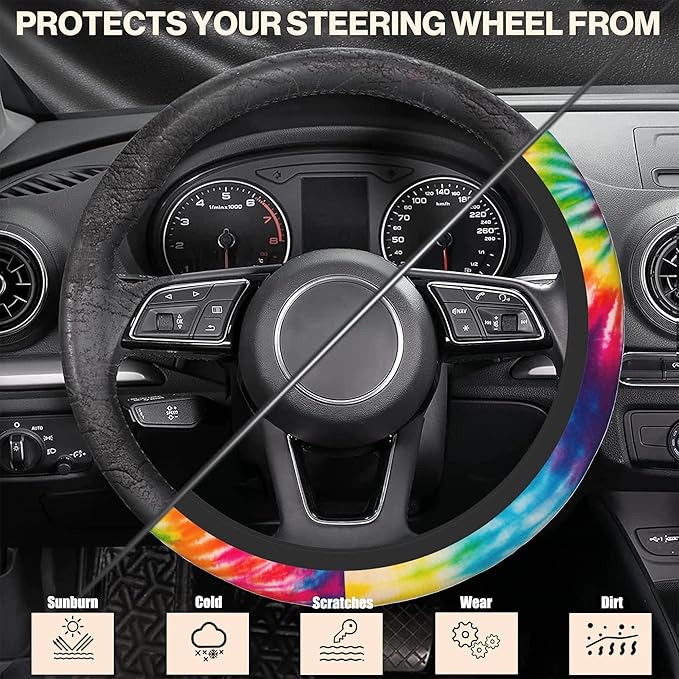 Abstract Swirl Tie Dye Car Steering Wheel Cover, Non-Slip Absorbing Sweat Car Wheel Cover Accessories for Men Women,Universal 15" Fit Auto SUV Vans Trucks
