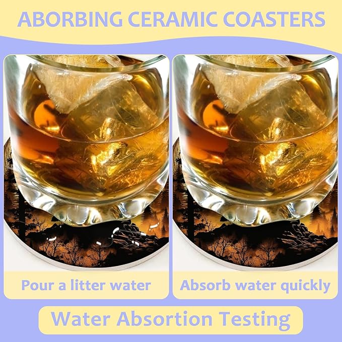 2 Pack Car Cup Holder Coaster-Wolf Full Moon Absorbent Ceramic Coaster,Forest Car Coasters for Cup Holders,Auto Accessories for Women & Men