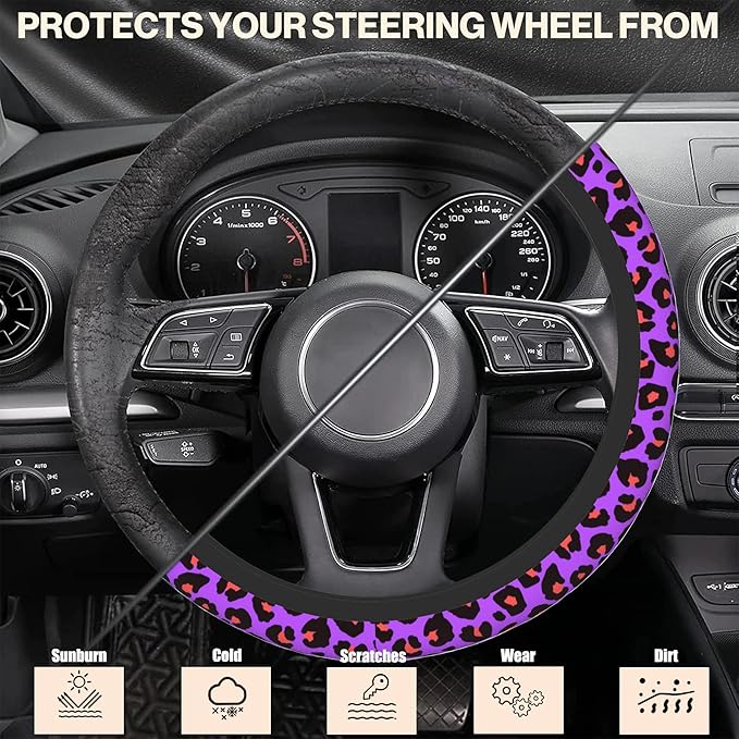 Purple Leopard Print Steering Wheel Cover, Elastic Non-Slip Steering Wheel Protector,Auto Interior Decor for Women Girls,Universal 15" Fit for Sedans,Trucks