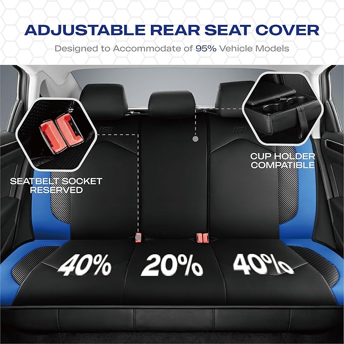 Skechers Memory Foam Car Seat Covers, Leather High Back Seat Covers Quilting Design,Waterproof Sports Car Seat Covers Full Sets,Airbag Compatible, Universal Fit for Most Cars, SUVs,Trucks,Blue
