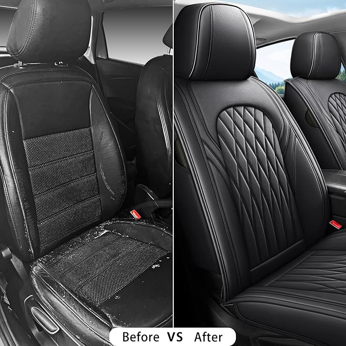 WELLDO Car Seat Covers Full Set, Leather Seat Covers for Cars, Car Seat Protector Waterproof, Non-Slip Car Interior Covers Full Set Universal Automotive Seat Covers for Most Cars SUVs, Black