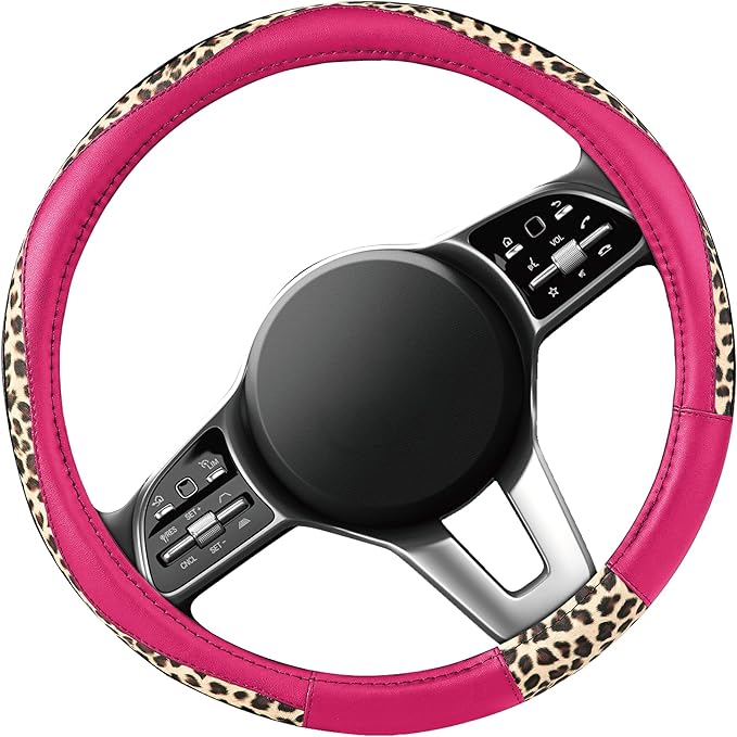 Road Comforts Steering Wheel Cover - Made with PVC Leather and Leopard Fabric - Universal 14 1/2 inches to 15 inches for Most Automotive Steering Wheel - Cheetah Print -Hot Pink