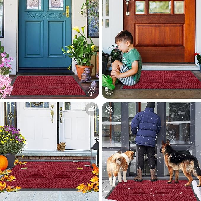 Smiry Front Door Mat Outside Entrance, Heavy Duty Sturdy Natural Rubber Doormat, Trap Dirt and Moisture, Easy Clean Low Profile Mats for Indoor Outdoor Entry, Irregular Triangle (47x24, Wine Red)