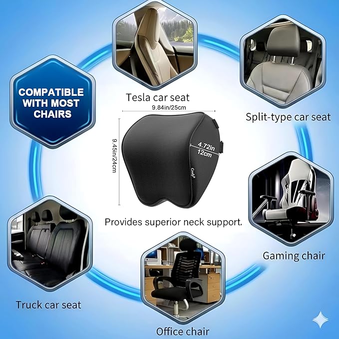 Crofy 2-Pack Car Neck Pillow, Softness Car Headrest Pillow for Driving with Adjustable Strap, 100% Memory Foam and Breathable Removable Cover, Comfortable Ergonomic Design, 4.7 Inches Thick