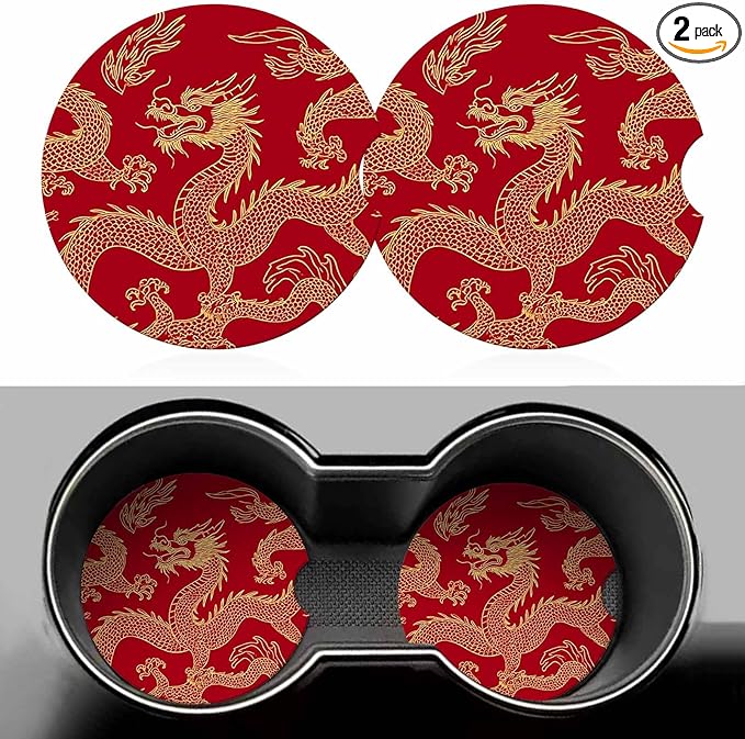 Dragon Car Cup Holder Coaster 2 Pack Absorbent Ceramic Car Coasters for Cup Holders Car Accessories Interior for Women Men Universal Anti Slip Cork Base Cup Coasters with Finger Notch