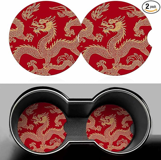 Dragon Car Cup Holder Coaster 2 Pack Absorbent Ceramic Car Coasters for Cup Holders Car Accessories Interior for Women Men Universal Anti Slip Cork Base Cup Coasters with Finger Notch