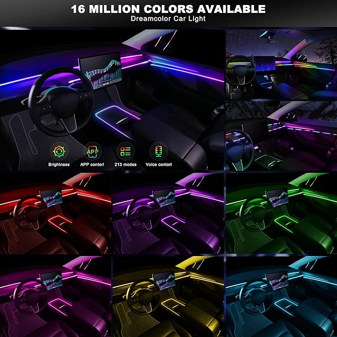 Dreamcolor Acrylic Interior Car LED Strip Light with Wireless APP, RGB 6 in 1 with 175 inches 612 LEDs Fiber Optic Car Ambient Lighting Kits, Dynamic Chasing Music Sync Neon LED Strip Lights for Car