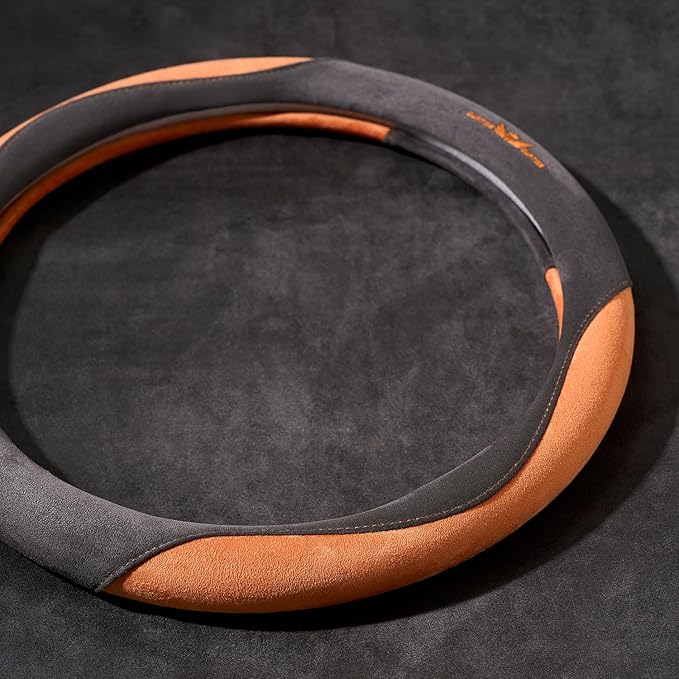 OURTIME Faux Suede Car Steering Wheel Cover, Universal 15 inch,Anti-Slip, Comfortable, Soft,Microfiber Breathable Suede Fabric,Warm in Winter and Cool in Summer (Gray with Silver)