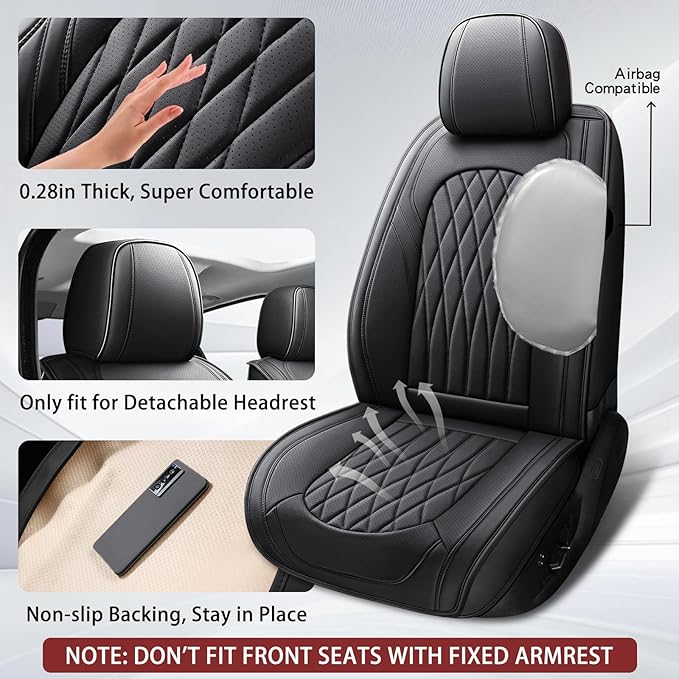 WELLDO Car Seat Covers Front Seats, Leather Seat Covers for Cars, Front Car Seat Protector Waterproof, Non-Slip Car Interior Covers Universal Automotive Seat Covers for Most Vehicle, Black