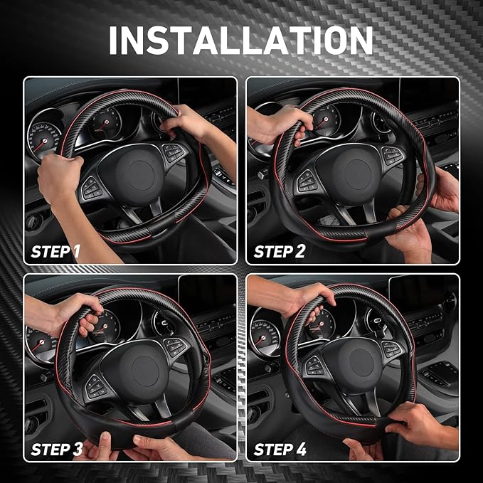 SEG Direct Car Steering Wheel Cover Universal Standard Size 14 1/2"-15" Leather with Carbon Fiber Pattern Black and Red