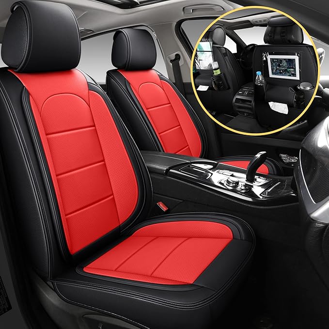 AOOG Leather Car Seat Covers with Car Backseat Organizer, Universal fit Automotive Vehicle Most Sedan SUV Pick-up Truck (Front Pair, Black&Red)