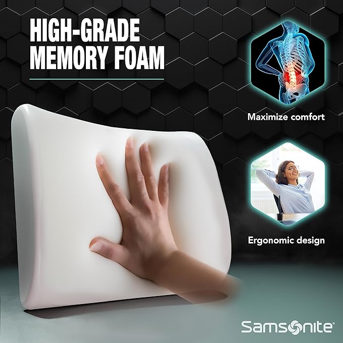 Samsonite Ergonomic Lumbar Support Pillow for Office Chair, Gaming Chair, or Car, Memory Foam Cushion with Breathable Ventilated Mesh and Adjustable Strap for Long Lasting Back Support