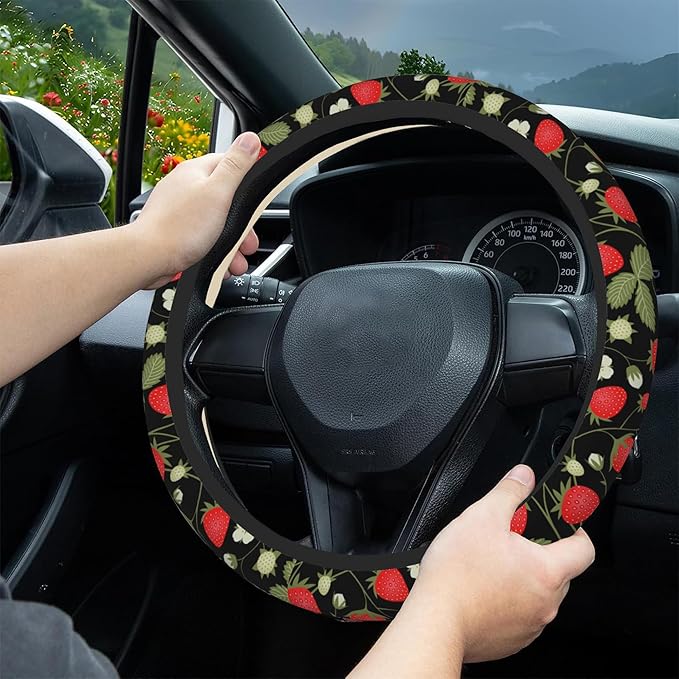 Strawberry Flowers Car Steering Wheel Cover, Non-Slip Absorbing Sweat Car Wheel Cover Accessories for Men Women,Universal 15" Fit Auto SUV Vans Trucks