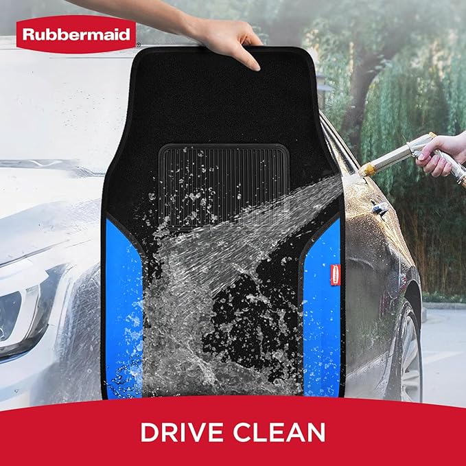 Rubbermaid Car Mats, Carpeted Floor Car Mat with Faux Leather & Built-in Heel Pad, Two-Tone Car Rug Floor Mats, Stylish Carpeted Floor Mats for Cars, Trucks & SUVs Blue Color