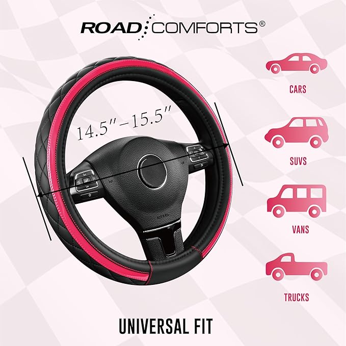 Road Comforts Leather Steering Wheel Cover – Black & Hot Pink, Universal Fit 14.5-15 Inch, Microfiber Leather, Anti-Slip & Breathable Design for Men and Women