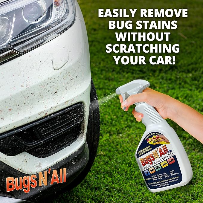 Bugs N’ All Multipurpose Car Cleaner & Degreaser - Bug & Tar Remover Concentrate 4 oz - Exterior Cleaner Safe for Car Paint, Metal, Chrome, Aluminum, Windows & Mirrors - w/Free 32 oz Spray Bottle