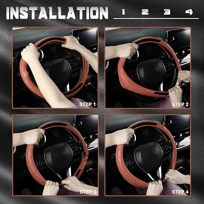 SEG Direct Car Steering Wheel Cover Medium Size 14 1/2"-15" Embossed Microfiber Leather with Carbon Fiber Pattern Brown