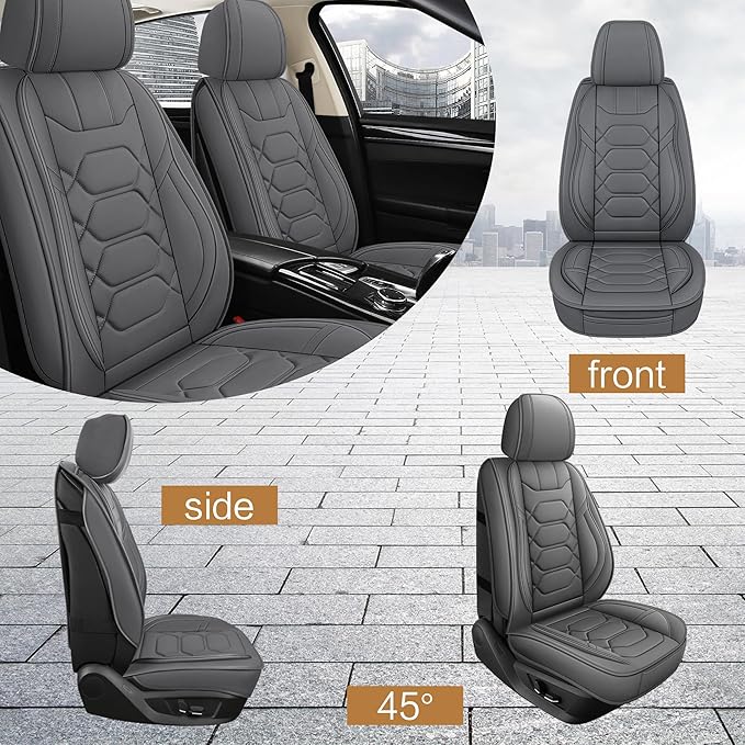 Pariitadin Leather Car Seat Covers Full Set, Waterproof Breathable Faux Leather Automotive Seat Covers for Cars, Non-Slip Car Interior Covers Universal Fit Most Cars Sedans Trucks SUVs, Gray