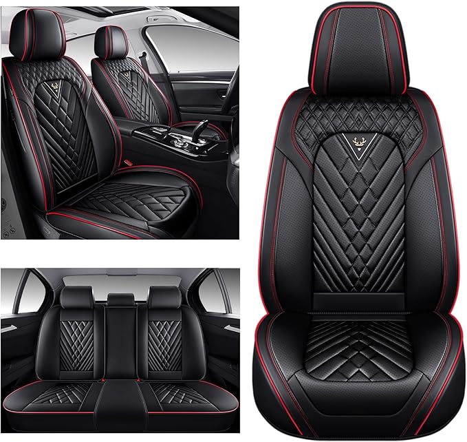 Universal Leather Auto Seat Cover - 5 Seat, Front and Rear, Black & Red
