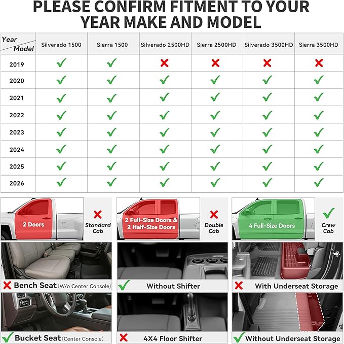 YITAMOTOR Floor Mats Fit for 2019-2025 2026 Chevrolet Silverado 1500/GMC Sierra 1500 Crew Cab with Bucket Seating (No Rear Underseat Storage Box), Custom Fit for Carpet Floor Liners 1st & 2nd Row
