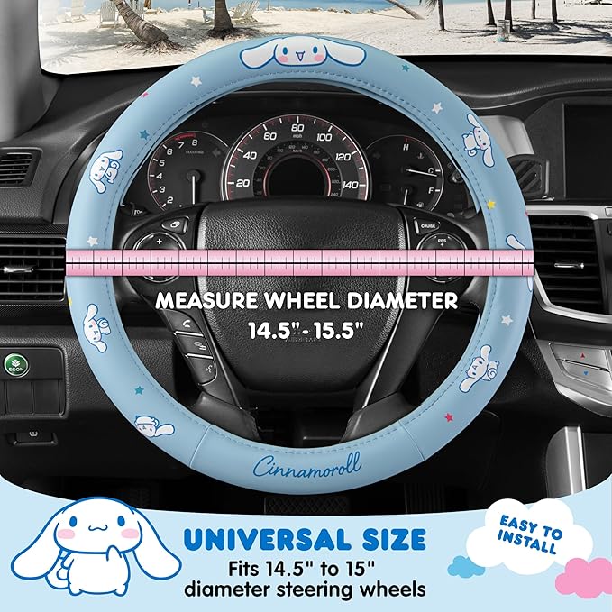 Sanrio Hello Kitty and Friends Cinnamoroll Blue Car Steering Wheel Cover, Universal Fit Cute Accessories for Women Stylish Decor Gifts Hello Kitty Car Accessories - Fits Standard Wheels 14.5"-15"