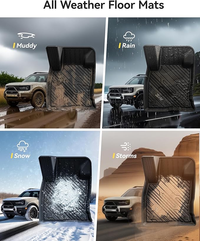 3W Floor Mats Fit for Ford Bronco Sport 2021 2022 2023 2024 2025 All Weather TPE Car Accessories Custom Fit Full Set Ford Bronco Sport Car Mats (Not for Bronco & Rubberized Floor & Outer Banks)