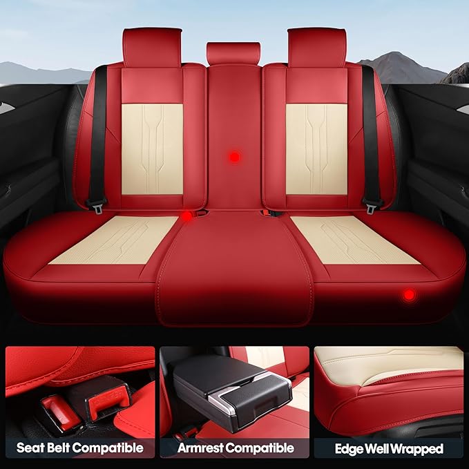 AOOG Car Seat Covers Full Set, Leather Seat Covers for Car, Waterproof Car Seat Protector with Lumbar Support, Automotive Seat Covers Universal Fit for Most Cars SUV Trucks (Full Set, Red)
