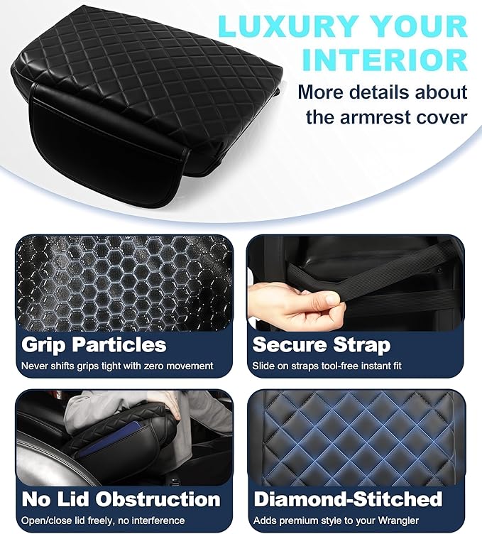 Armrest Cover for Jeep Wrangler Center Console Pad with Organizer Storage Pockets, Black Faux Leather Arm Rest Lid Protector Cushion Interior Accessories (2011-2017 Wrangler JK)