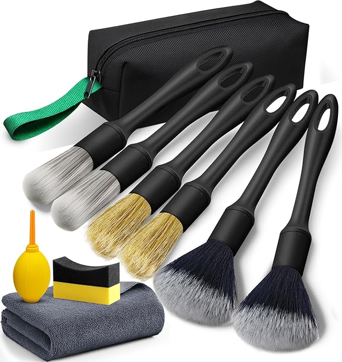 10pcs Car Detailing Brush Set - Interior or Exterior Auto Detail Brushes Kit w/Durable Bristles, Ultra Soft Boars Hair Detailing Brushes for Cleaning Leather Seats, Air Vents, Wheels Emblems