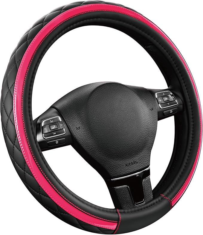 Road Comforts Leather Steering Wheel Cover – Black & Hot Pink, Universal Fit 14.5-15 Inch, Microfiber Leather, Anti-Slip & Breathable Design for Men and Women