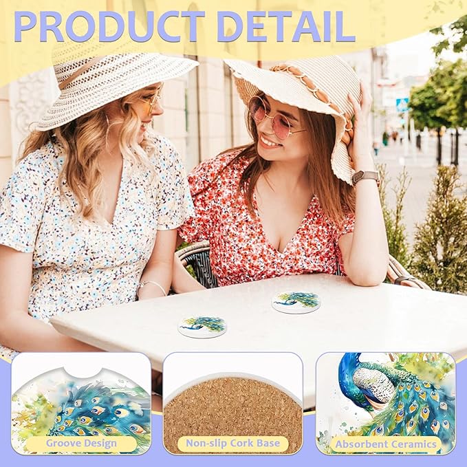 2 Pack Car Cup Holder Coaster-Peacocks Watercolor Absorbent Ceramic Coaster, Car Coasters for Cup Holders,Auto Accessories for Women & Men