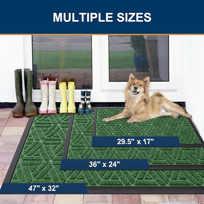 Smiry Front Door Mat Outside Entrance, Heavy Duty Sturdy Natural Rubber Doormat, Trap Dirt and Moisture, Easy Clean Low Profile Mats for Indoor Outdoor Entry, Grid Geometric (29.5x17, Green)