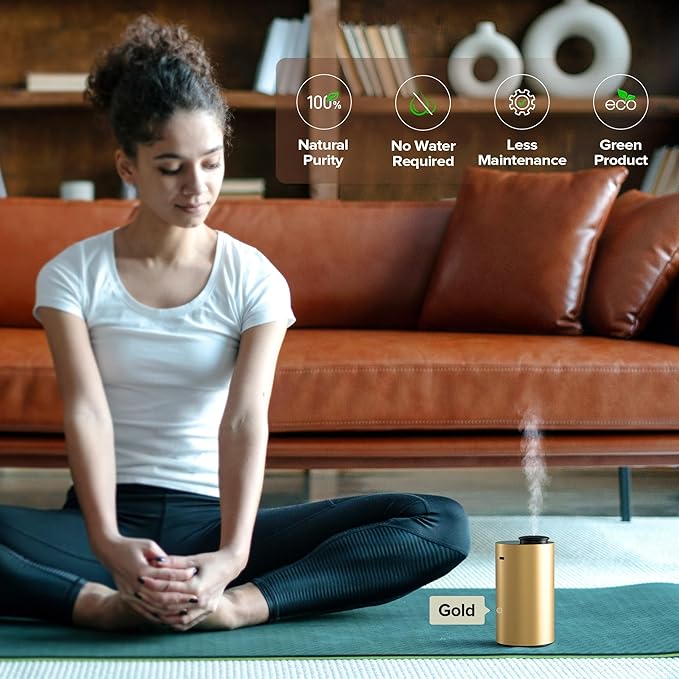Airversa Waterless Essential Oil Diffuser for Home Aromatherapy Scent Diffusers with 3 Countdown Timer Settings or Timer-Off, 3 Mist Levels for Car Room Studio Office, ANX Premium Metal Gold