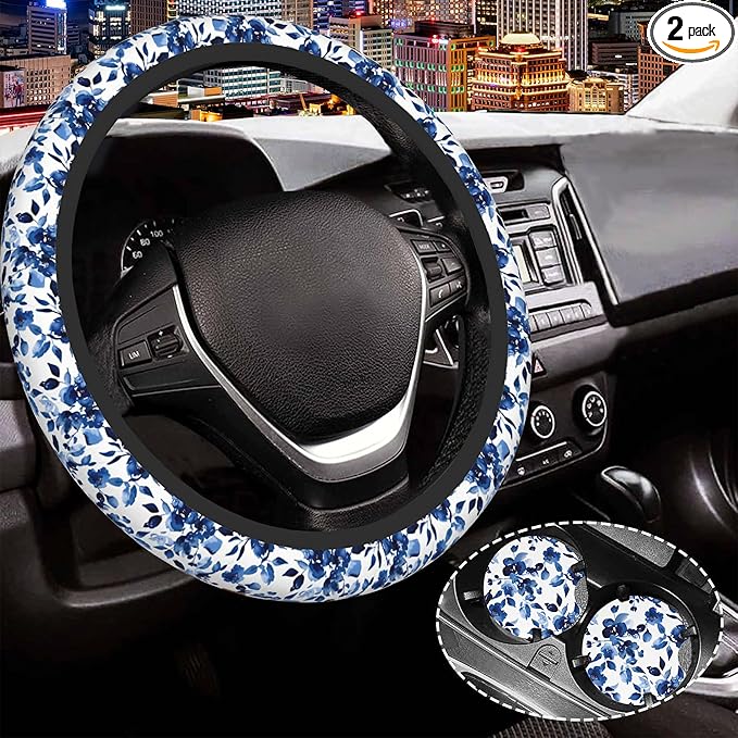 Watercolor Blue Flowers Steering Wheel Cover for Women Men,Anti-Slip Breathable Car Steering Wheel Cover Elastic Protection with 2 Pieces Car Coasters,Universal 15" Fit Auto,Suvs,Truck