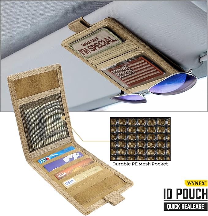 WYNEX Car Visor Organizer with Detachable Card Pouch | Auto Sun Visor Storage Molle Panel with Elastic Webbing Slots for Glasses & Tactical Gear | Fit Most Vehicle, SUVs & Trucks