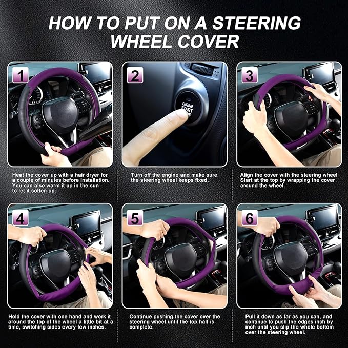 SEG Direct D Shaped Steering Wheel Cover for 14.5-15 inch Flat Bottom Wheels, Breathable Perforated Microfiber Leather, Anti-Slip Grip, Universal Fit for Cars & SUVs, Black and Dawn Purple