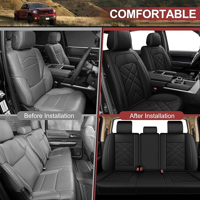 AOMSAZTO Seat Covers Custom Fit for 2022-2025 2026 Toyota Tundra Crewmax Double Cab Breathable Leather Truck Car Seat Covers Full Set (Black)