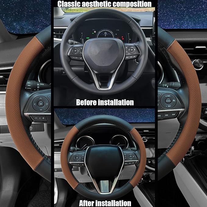 Steering Wheel Cover Standard Size 14.5-15 inch, Non-Slip Car Wheel Cover Protector, Breathable Microfiber Leather, Black and Ochre Brown